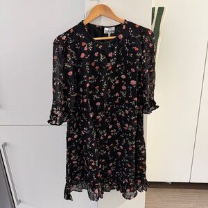 Ganni Black Dress with Pink Floral Pattern